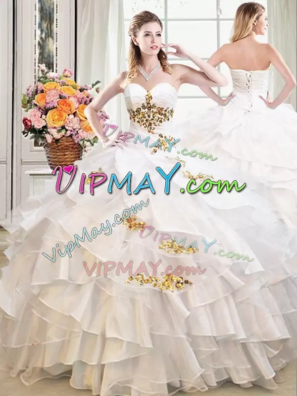 White Ball Gowns Organza Sweetheart Sleeveless Beading and Ruffles Floor Length Lace Up Quince Ball Gowns