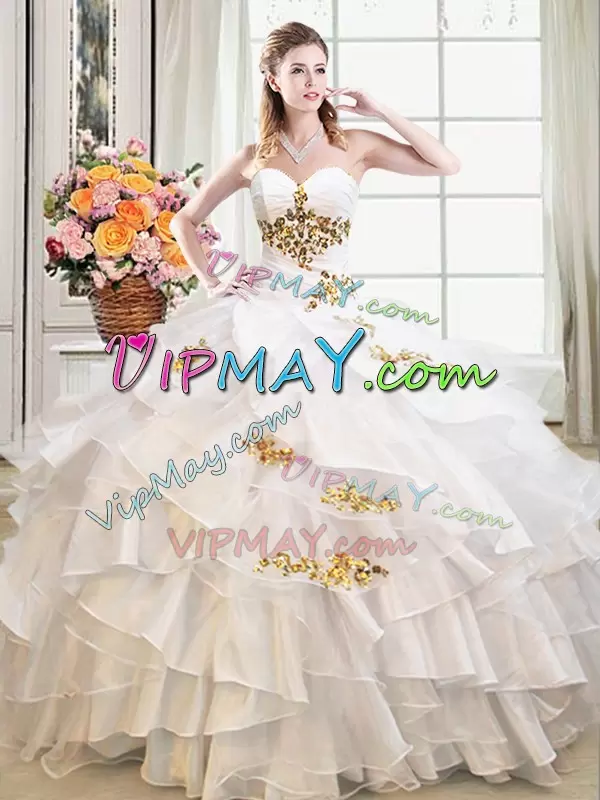 White Ball Gowns Organza Sweetheart Sleeveless Beading and Ruffles Floor Length Lace Up Quince Ball Gowns