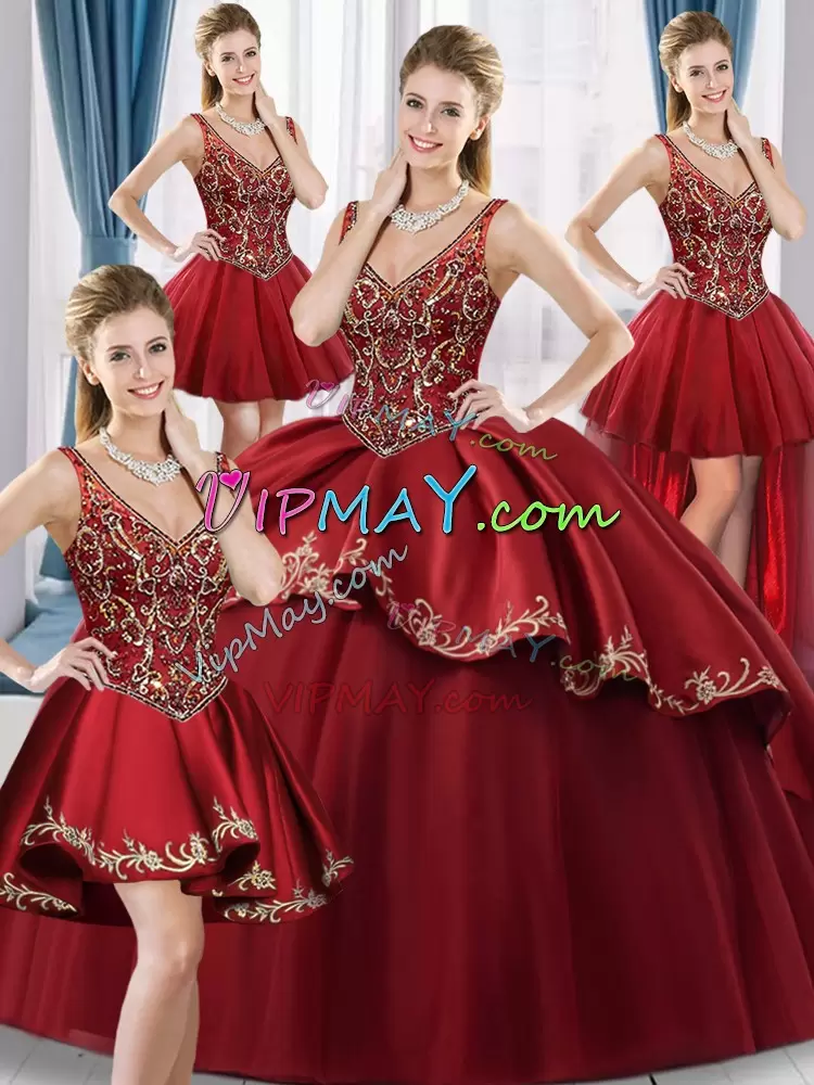 Noble Wine Red Sleeveless Floor Length Beading and Embroidery Lace Up Vestidos de Quinceanera V-neck