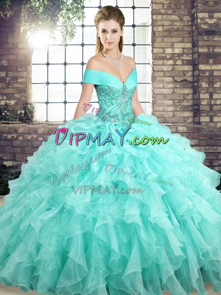 Aqua Blue Off The Shoulder Neckline Beading and Ruffles Sweet 16 Dresses Sleeveless Lace Up