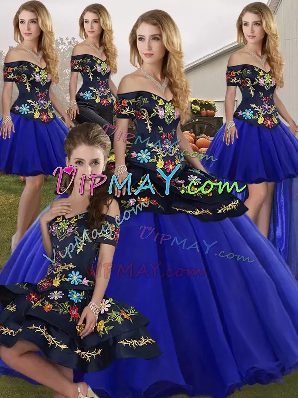 Gorgeous Royal Blue Lace Up Ball Gown Prom Dress Embroidery Sleeveless Floor Length