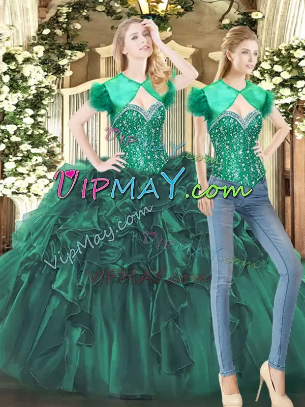 Sleeveless Floor Length Beading and Ruffles Lace Up Quinceanera Gowns with Dark Green