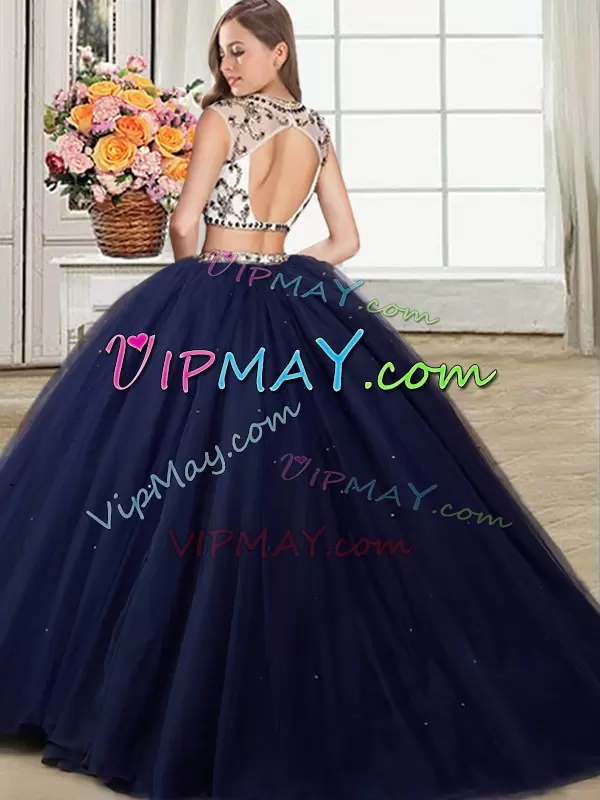 Scoop Cap Sleeves Tulle Quince Ball Gowns Beading Brush Train Backless