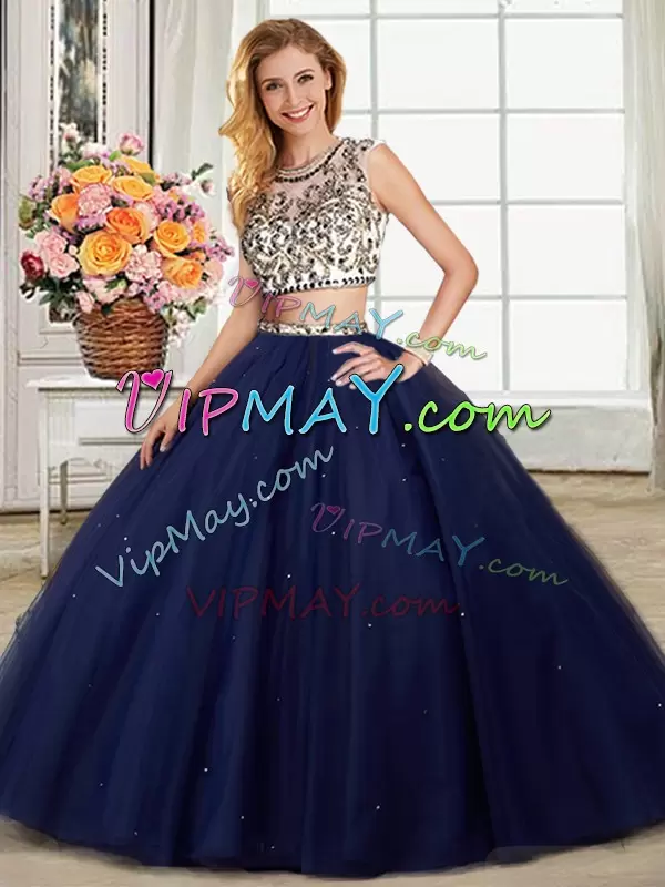 Scoop Cap Sleeves Tulle Quince Ball Gowns Beading Brush Train Backless