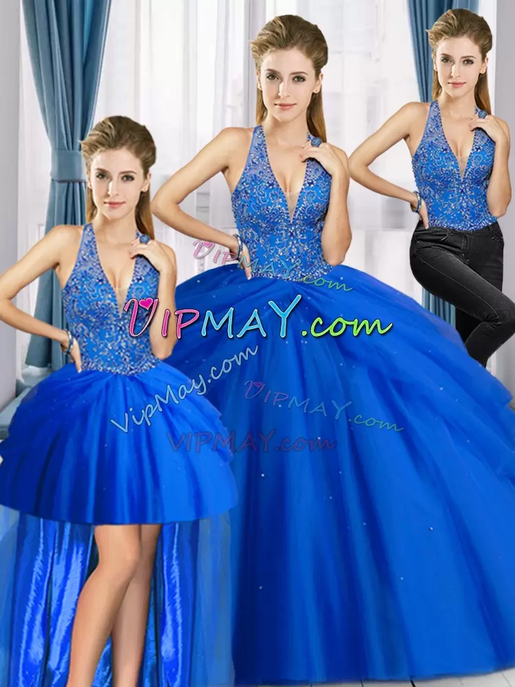 Graceful Royal Blue Tulle Lace Up Halter Top Sleeveless Floor Length Vestidos de Quinceanera Beading