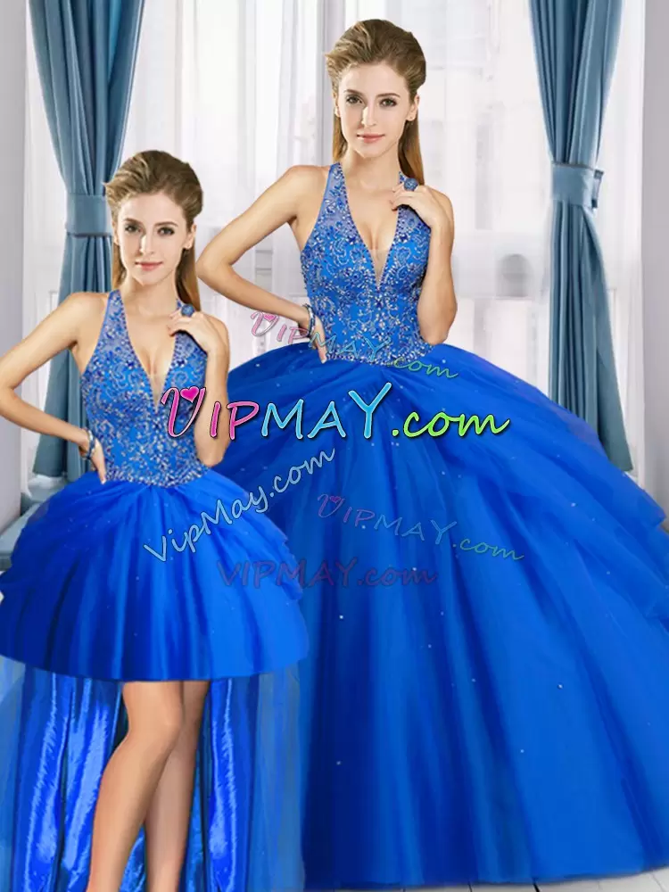 Graceful Royal Blue Tulle Lace Up Halter Top Sleeveless Floor Length Vestidos de Quinceanera Beading