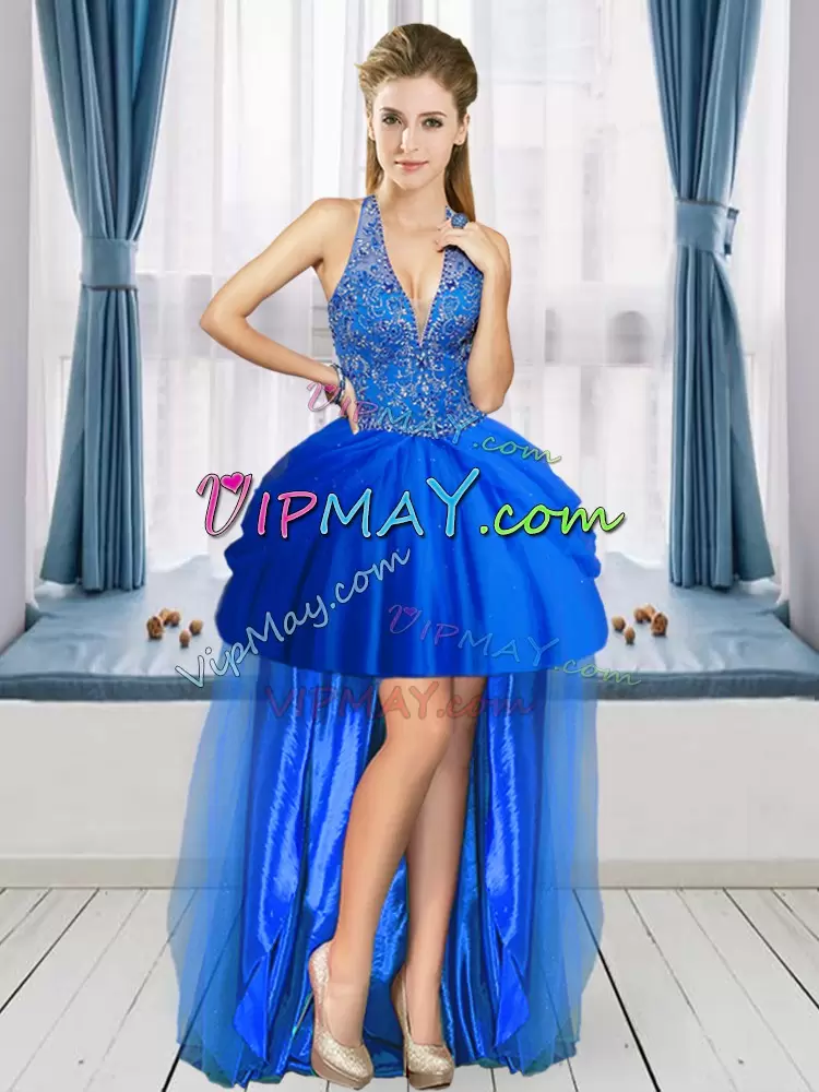 Graceful Royal Blue Tulle Lace Up Halter Top Sleeveless Floor Length Vestidos de Quinceanera Beading