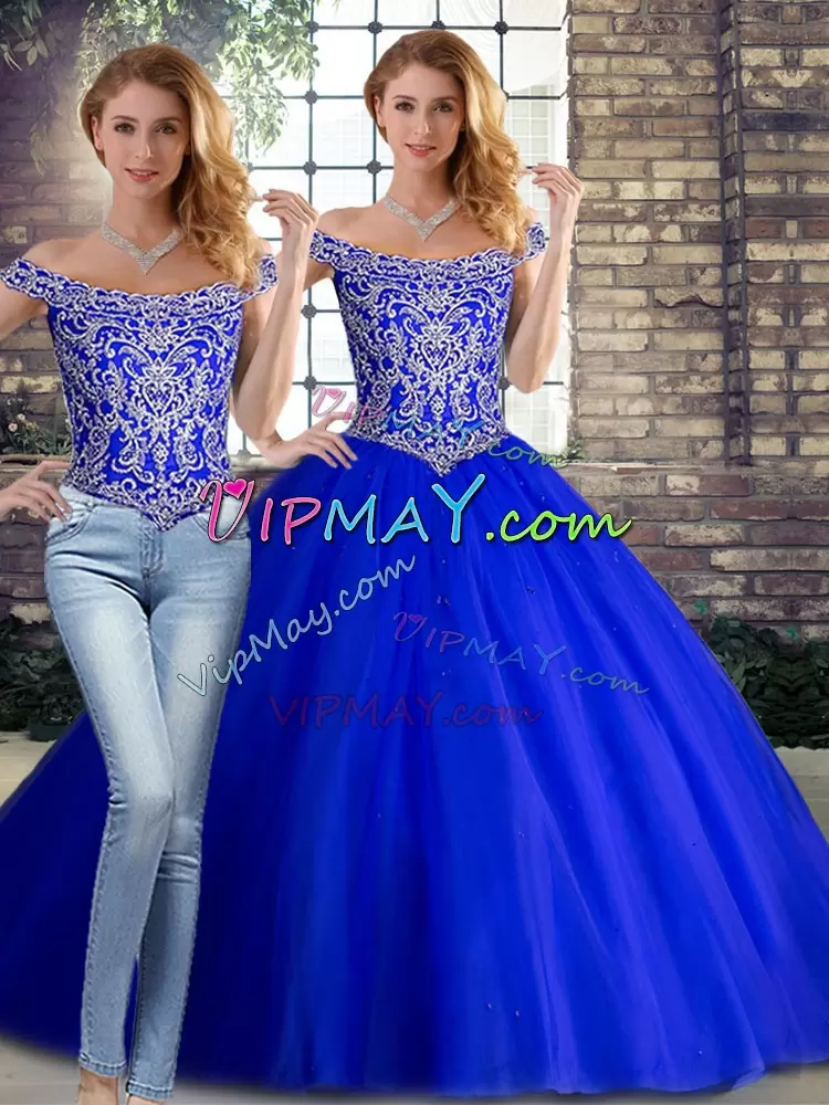 Lace Up Quinceanera Dresses Royal Blue for Military Ball and Sweet 16 and Quinceanera with Beading Brush Train