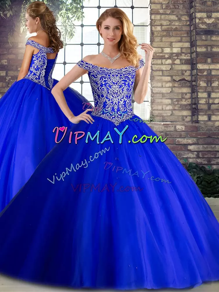 Lace Up Quinceanera Dresses Royal Blue for Military Ball and Sweet 16 and Quinceanera with Beading Brush Train