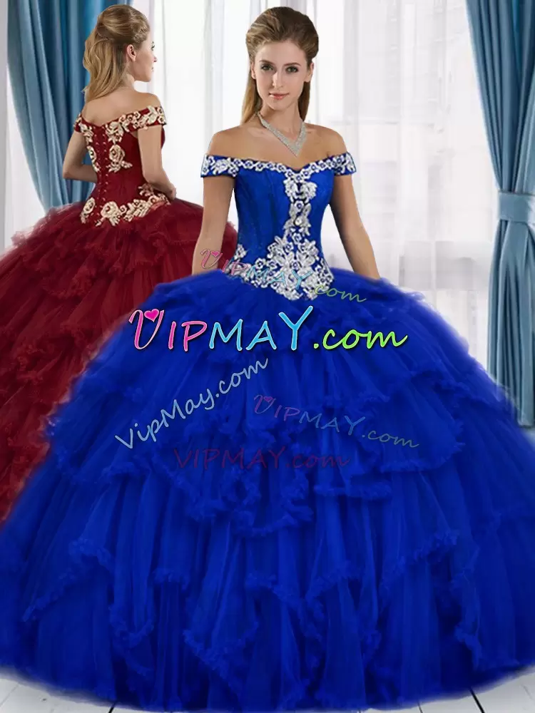 Royal Blue Ball Gowns Tulle Off The Shoulder Sleeveless Beading and Appliques Floor Length Lace Up Ball Gown Prom Dress