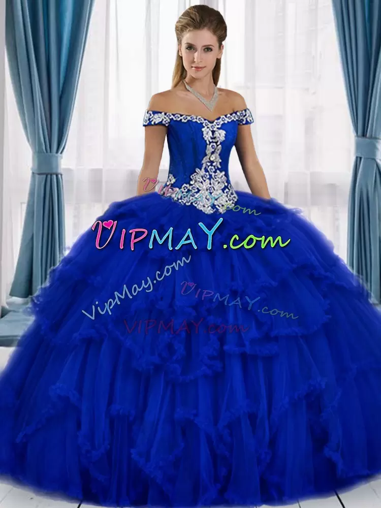 Royal Blue Ball Gowns Tulle Off The Shoulder Sleeveless Beading and Appliques Floor Length Lace Up Ball Gown Prom Dress