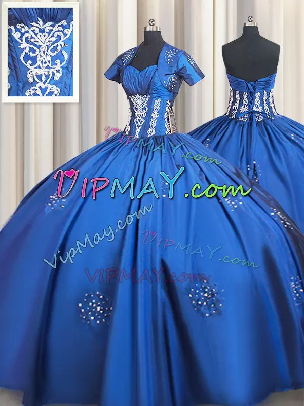 Sweetheart Short Sleeves Taffeta Ball Gown Prom Dress Beading and Appliques Lace Up