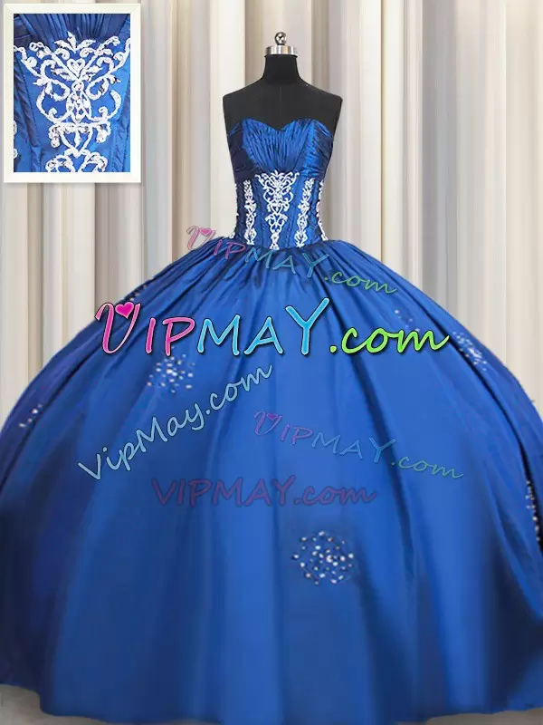 Sweetheart Short Sleeves Taffeta Ball Gown Prom Dress Beading and Appliques Lace Up