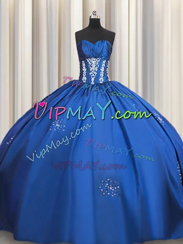 Sweetheart Short Sleeves Taffeta Ball Gown Prom Dress Beading and Appliques Lace Up