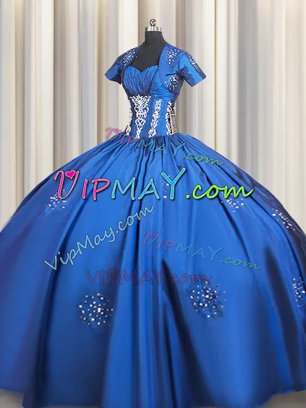 Sweetheart Short Sleeves Taffeta Ball Gown Prom Dress Beading and Appliques Lace Up