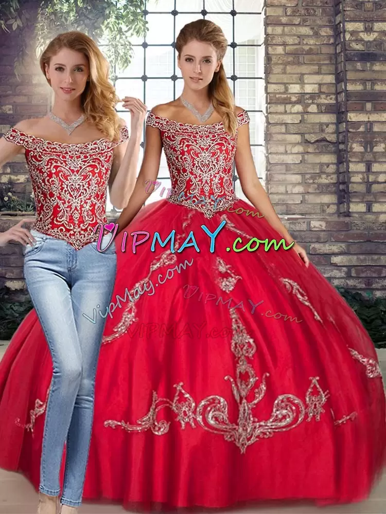 Affordable Floor Length Two Pieces Sleeveless Red Quinceanera Dresses Lace Up