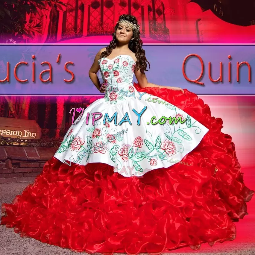 custom design quinceanera dress,floral embroidery quinceanera dress,red and white quinceanera dress,ruffled charro quinceanera dress,western dress for quinceaneras,