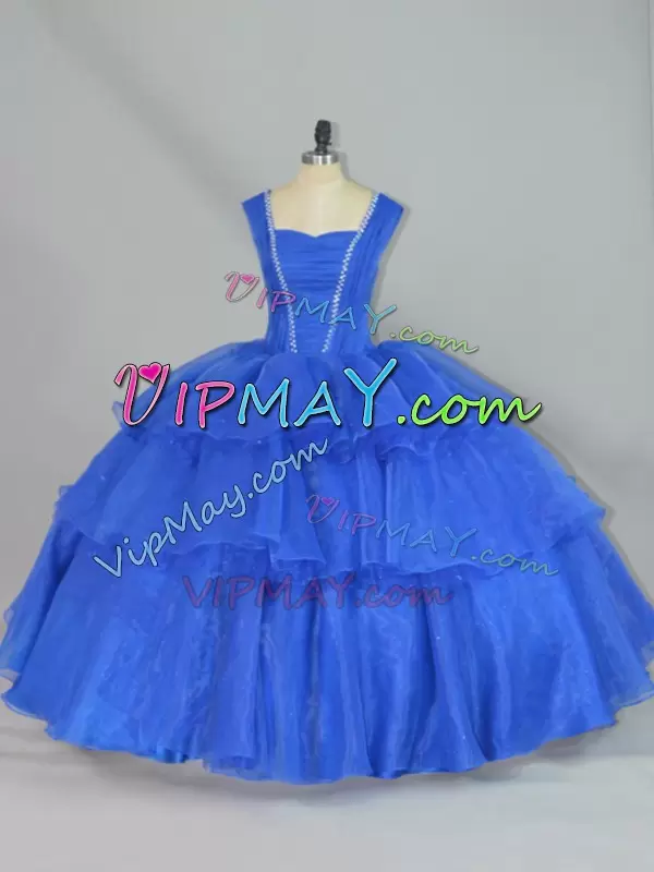 Amazing Sleeveless Straps Beading and Ruffled Layers Lace Up Quince Ball Gowns