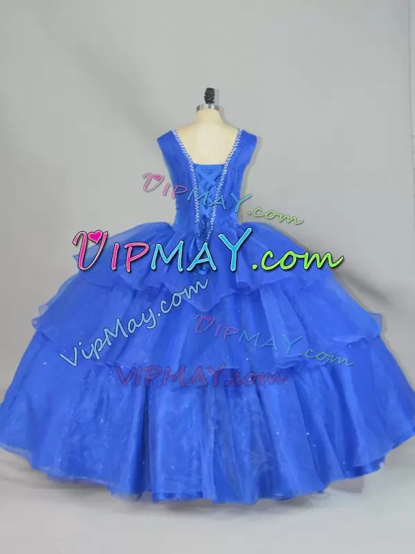 Amazing Sleeveless Straps Beading and Ruffled Layers Lace Up Quince Ball Gowns