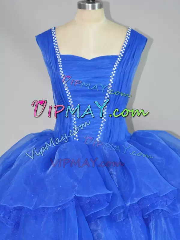 Amazing Sleeveless Straps Beading and Ruffled Layers Lace Up Quince Ball Gowns