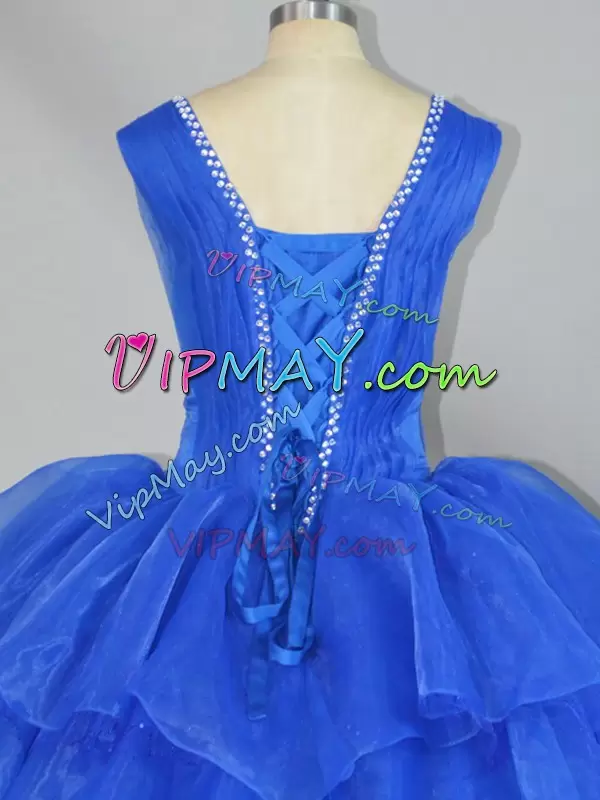 Amazing Sleeveless Straps Beading and Ruffled Layers Lace Up Quince Ball Gowns