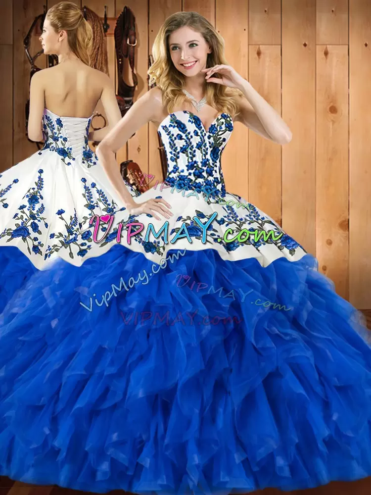 Blue Quince Ball Gowns Military Ball and Sweet 16 and Quinceanera with Embroidery and Ruffles Sweetheart Sleeveless Lace Up