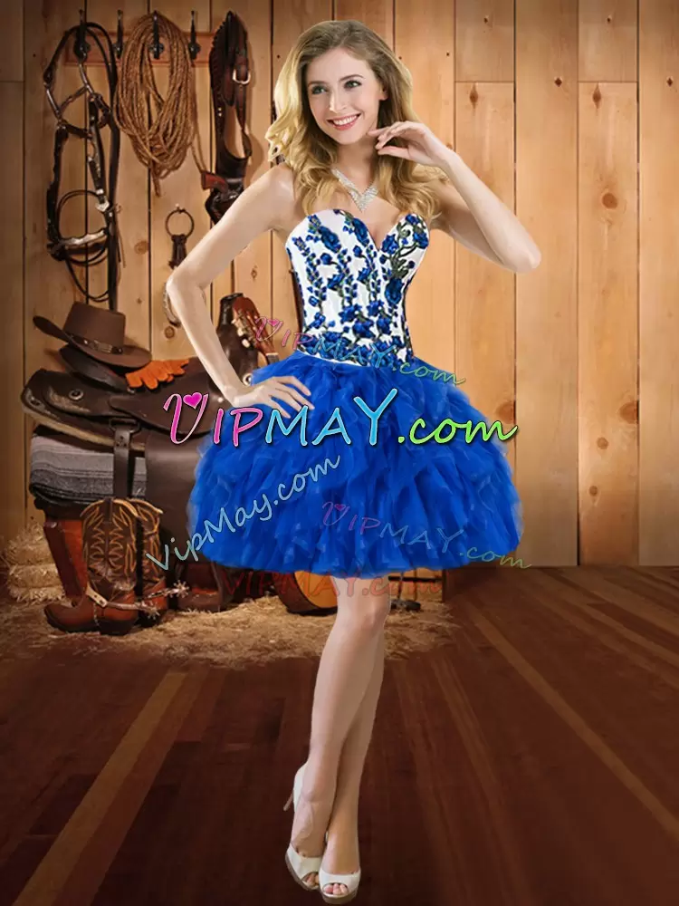 Blue Quince Ball Gowns Military Ball and Sweet 16 and Quinceanera with Embroidery and Ruffles Sweetheart Sleeveless Lace Up
