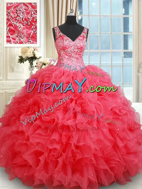 V-neck Sleeveless Organza Ball Gown Prom Dress Beading and Ruffles Backless