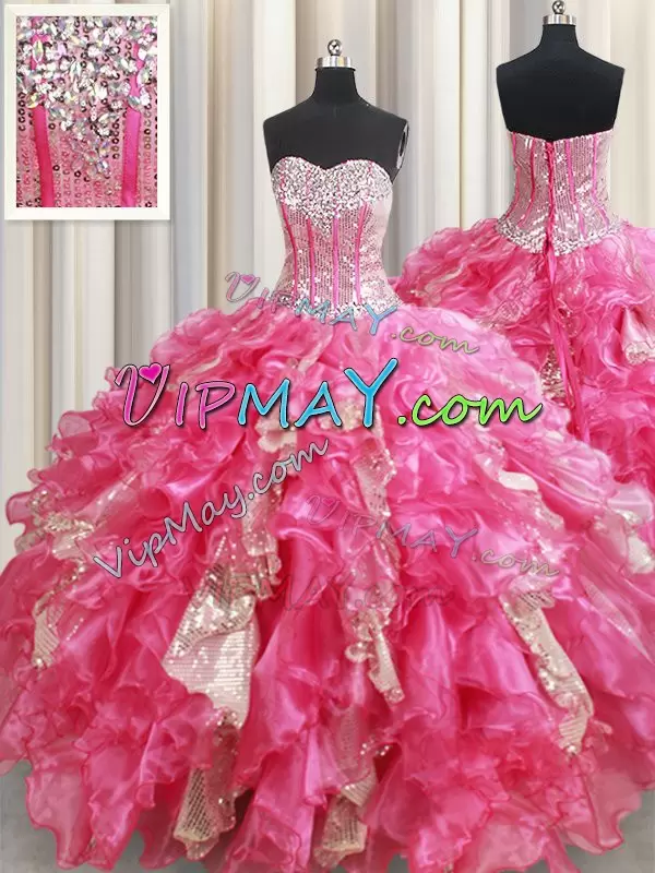 Smart Floor Length Ball Gowns Sleeveless Hot Pink Quinceanera Gowns Lace Up