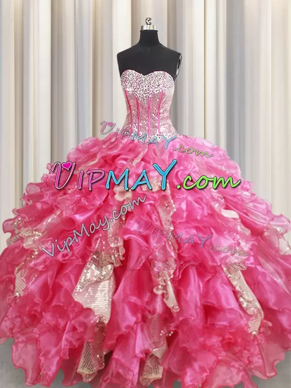 Smart Floor Length Ball Gowns Sleeveless Hot Pink Quinceanera Gowns Lace Up