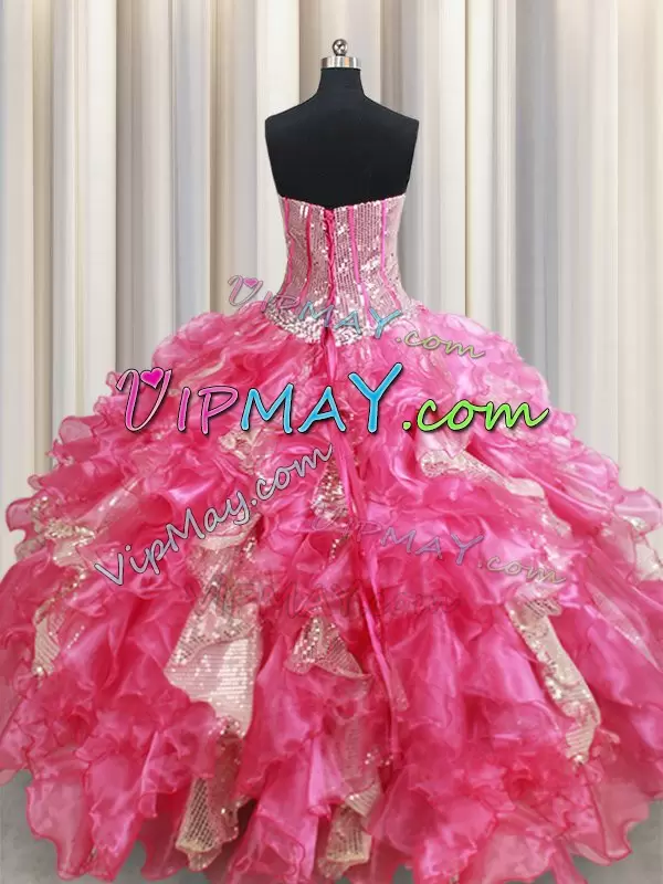 Smart Floor Length Ball Gowns Sleeveless Hot Pink Quinceanera Gowns Lace Up