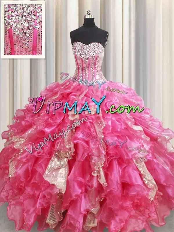 Smart Floor Length Ball Gowns Sleeveless Hot Pink Quinceanera Gowns Lace Up