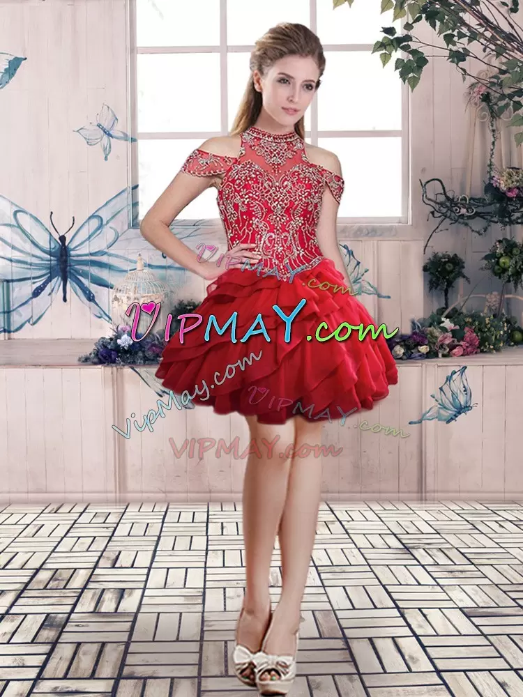 Pretty Red Quinceanera Dress Sweet 16 and Quinceanera with Beading and Ruffles High-neck Sleeveless Lace Up