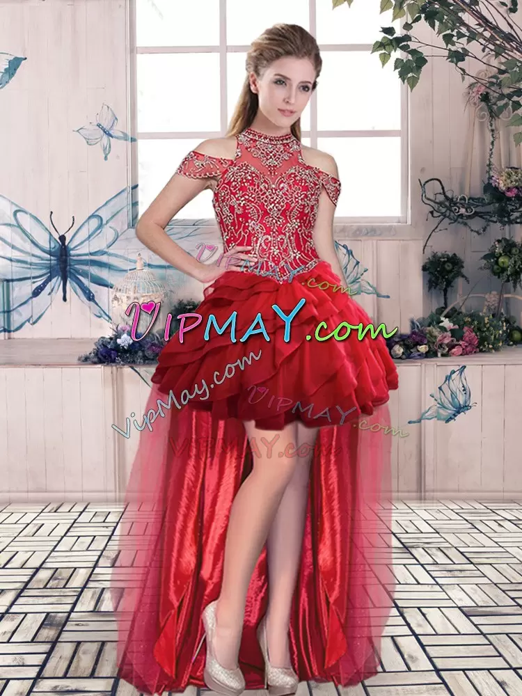 Pretty Red Quinceanera Dress Sweet 16 and Quinceanera with Beading and Ruffles High-neck Sleeveless Lace Up