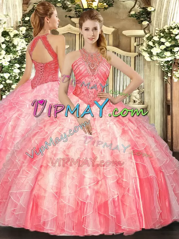 Elegant Watermelon Red Sleeveless Floor Length Beading and Ruffles Lace Up Ball Gown Prom Dress High-neck