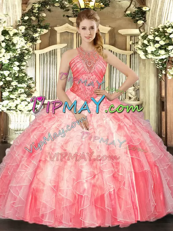 Elegant Watermelon Red Sleeveless Floor Length Beading and Ruffles Lace Up Ball Gown Prom Dress High-neck