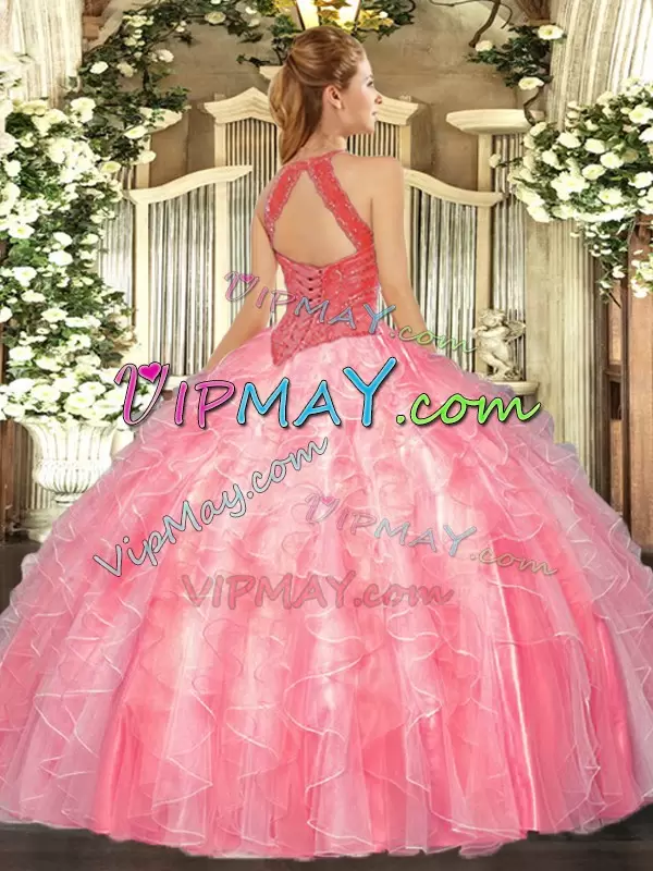 Elegant Watermelon Red Sleeveless Floor Length Beading and Ruffles Lace Up Ball Gown Prom Dress High-neck