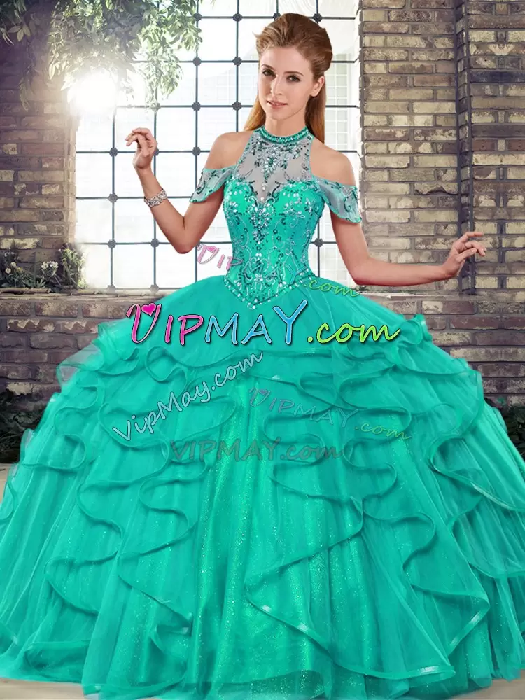 Turquoise Tulle Lace Up Halter Top Sleeveless Floor Length Quinceanera Gowns Beading and Ruffles