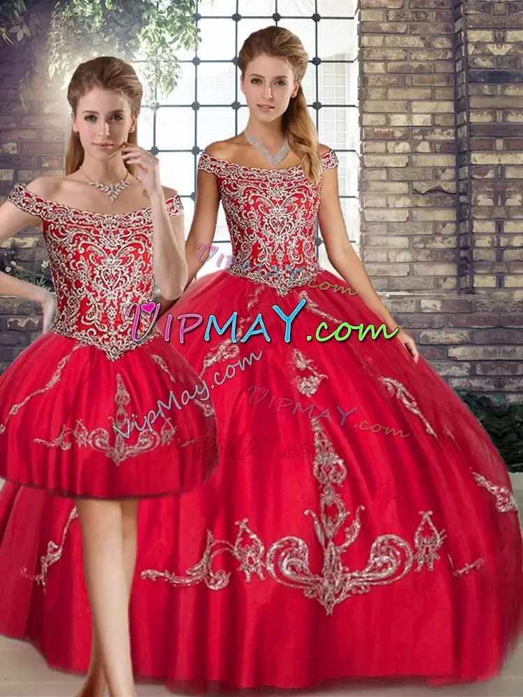 Red Off The Shoulder Lace Up Beading and Embroidery Sweet 16 Dress Sleeveless