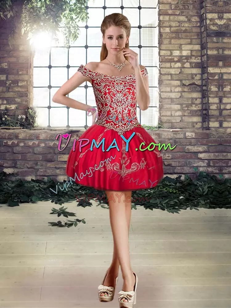 Red Off The Shoulder Lace Up Beading and Embroidery Sweet 16 Dress Sleeveless