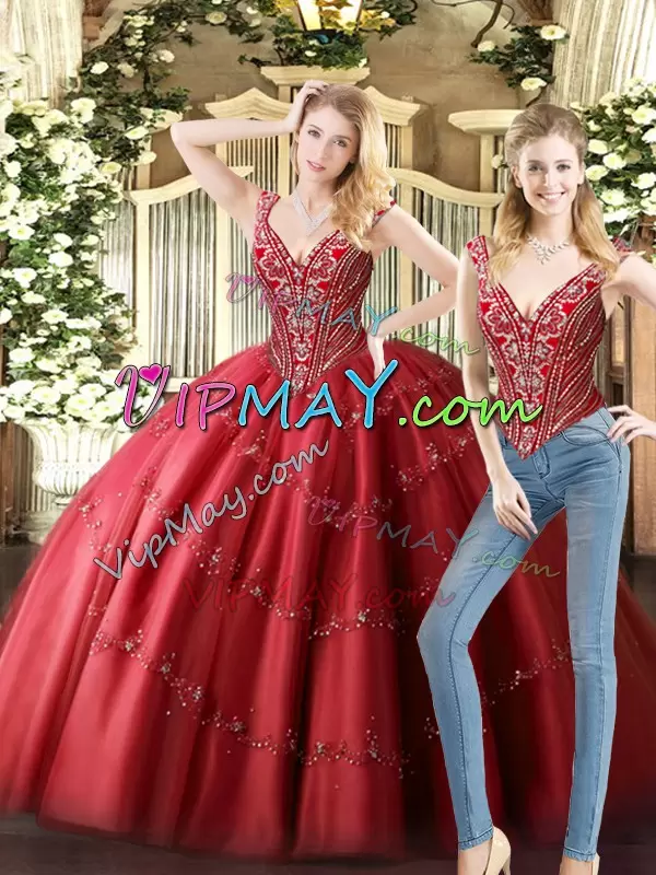 Beading Ball Gown Prom Dress Wine Red Lace Up Sleeveless Floor Length