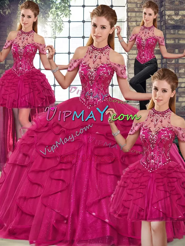 Fuchsia Tulle Lace Up Ball Gown Prom Dress Sleeveless Floor Length Beading and Ruffles