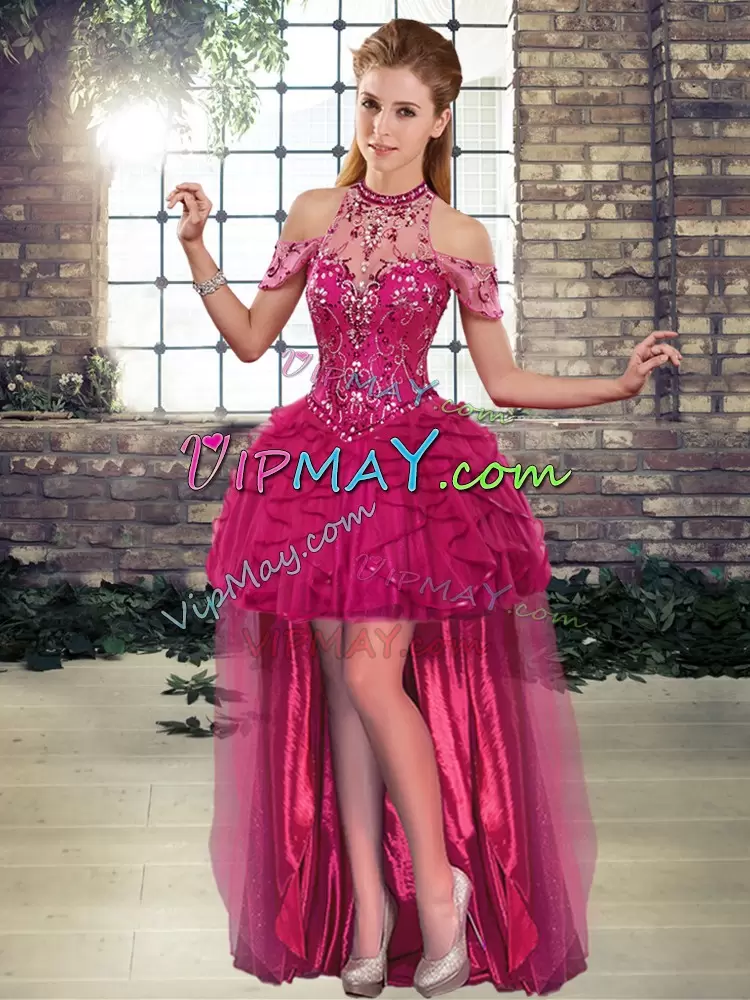 Fuchsia Tulle Lace Up Ball Gown Prom Dress Sleeveless Floor Length Beading and Ruffles