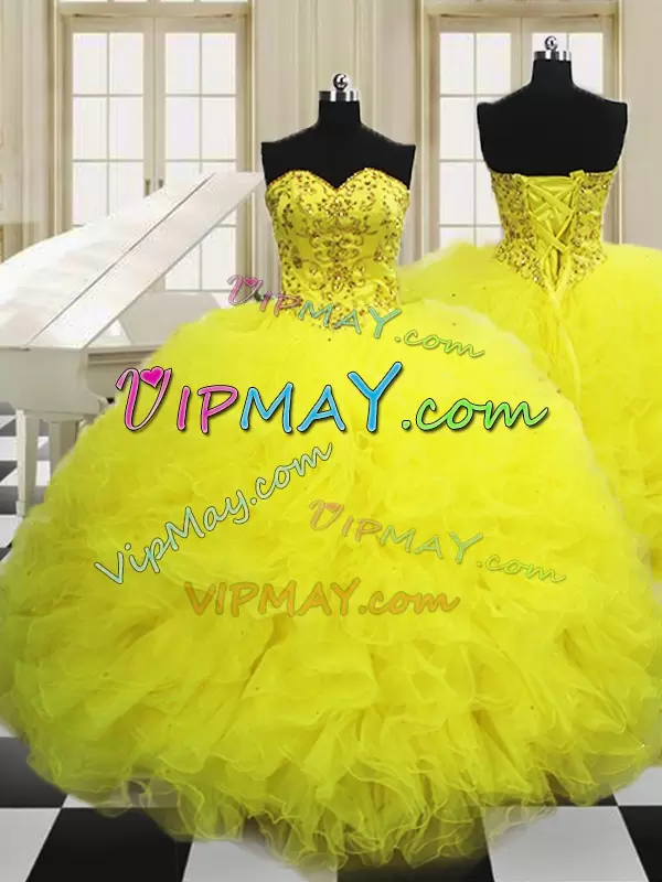 Excellent Light Yellow Quinceanera Dress Military Ball and Sweet 16 and Quinceanera with Beading and Ruffles Sweetheart Sleeveless Lace Up