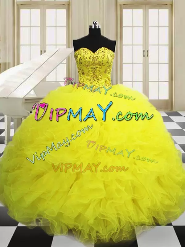 Excellent Light Yellow Quinceanera Dress Military Ball and Sweet 16 and Quinceanera with Beading and Ruffles Sweetheart Sleeveless Lace Up