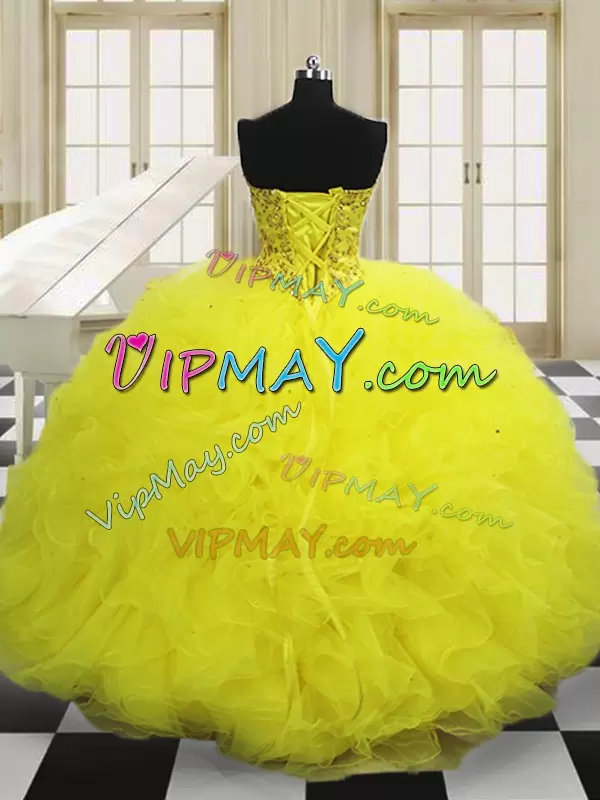 Excellent Light Yellow Quinceanera Dress Military Ball and Sweet 16 and Quinceanera with Beading and Ruffles Sweetheart Sleeveless Lace Up