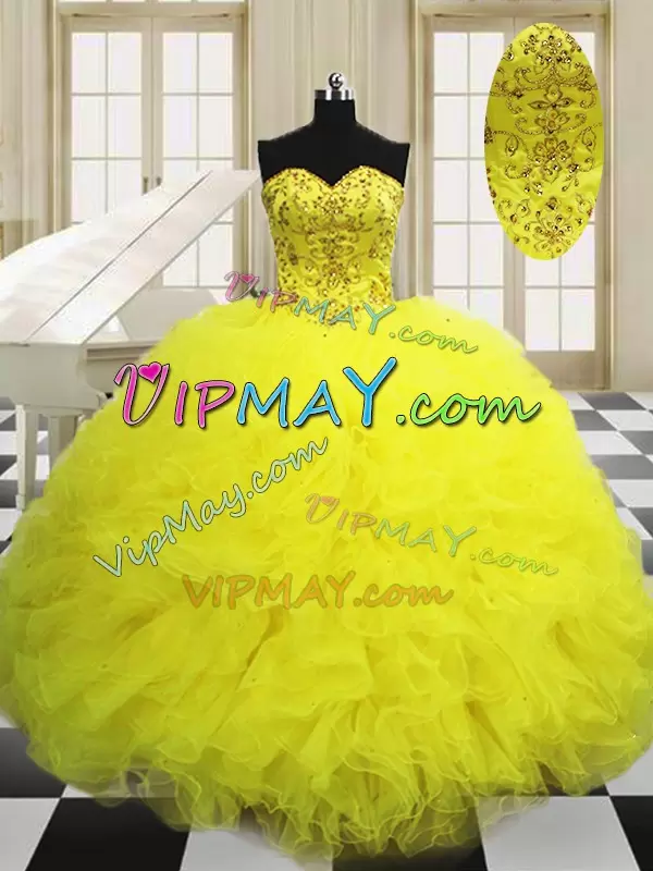 Excellent Light Yellow Quinceanera Dress Military Ball and Sweet 16 and Quinceanera with Beading and Ruffles Sweetheart Sleeveless Lace Up