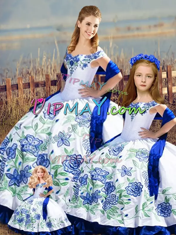 Blue And White Off The Shoulder Lace Up Embroidery and Ruffles Sweet 16 Dresses Sleeveless