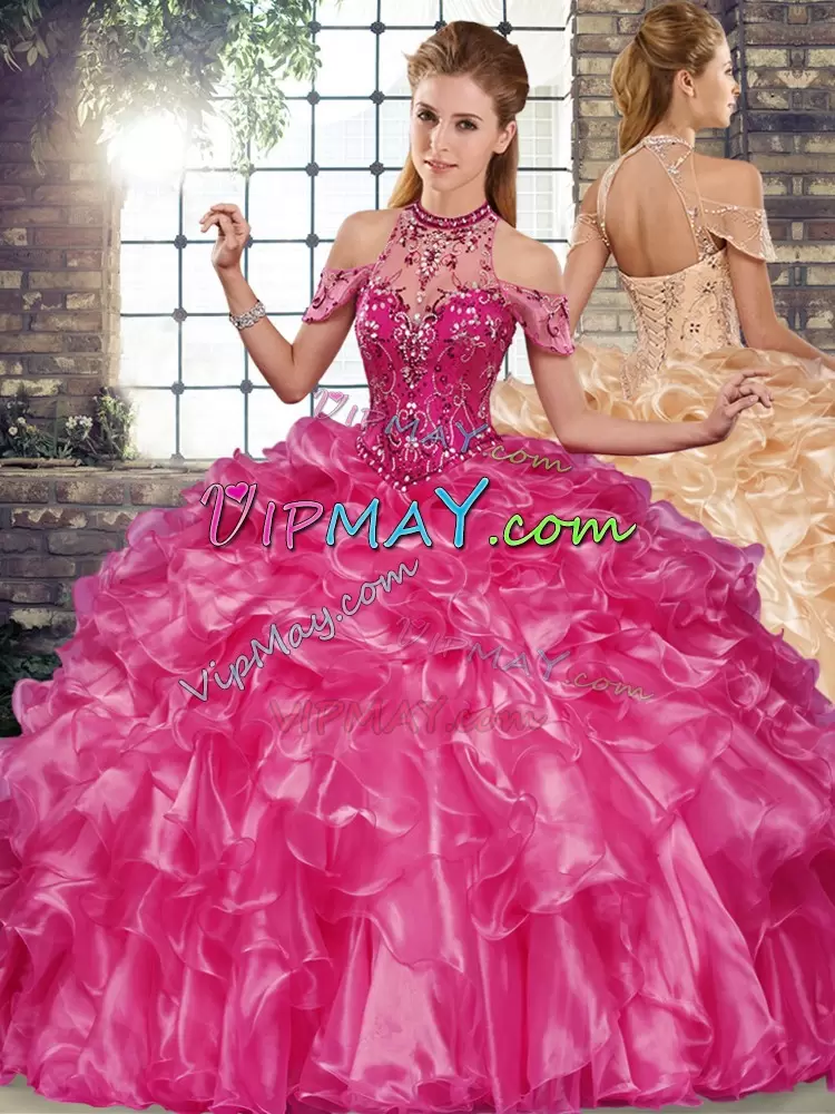 Elegant Sleeveless Organza Floor Length Lace Up 15th Birthday Dress in Fuchsia with Beading and Ruffles