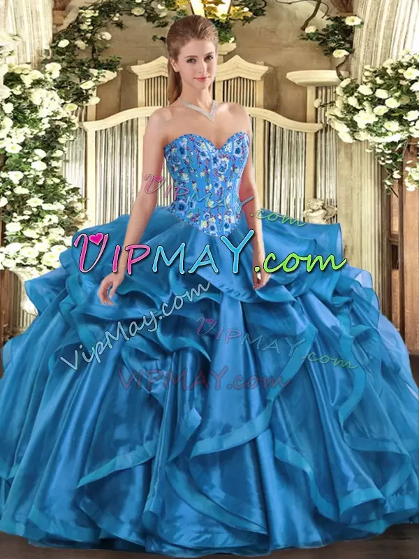 High End Sleeveless Floor Length Embroidery and Ruffles Lace Up Sweet 16 Dresses with Blue